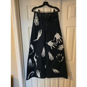 Area Blue Wide Leg Jeans with White Hand Prints - New